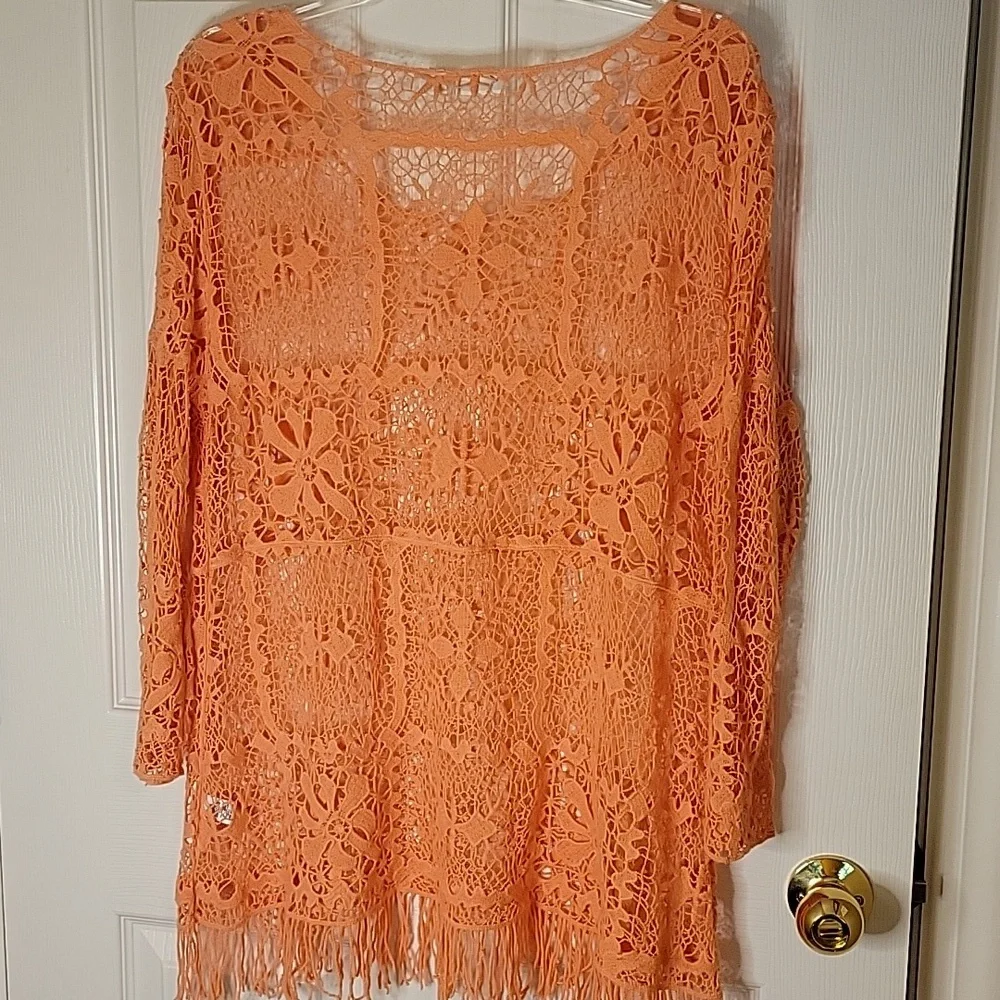 Cato XL Lace Overlay Tunic with Fringe Orange Coral